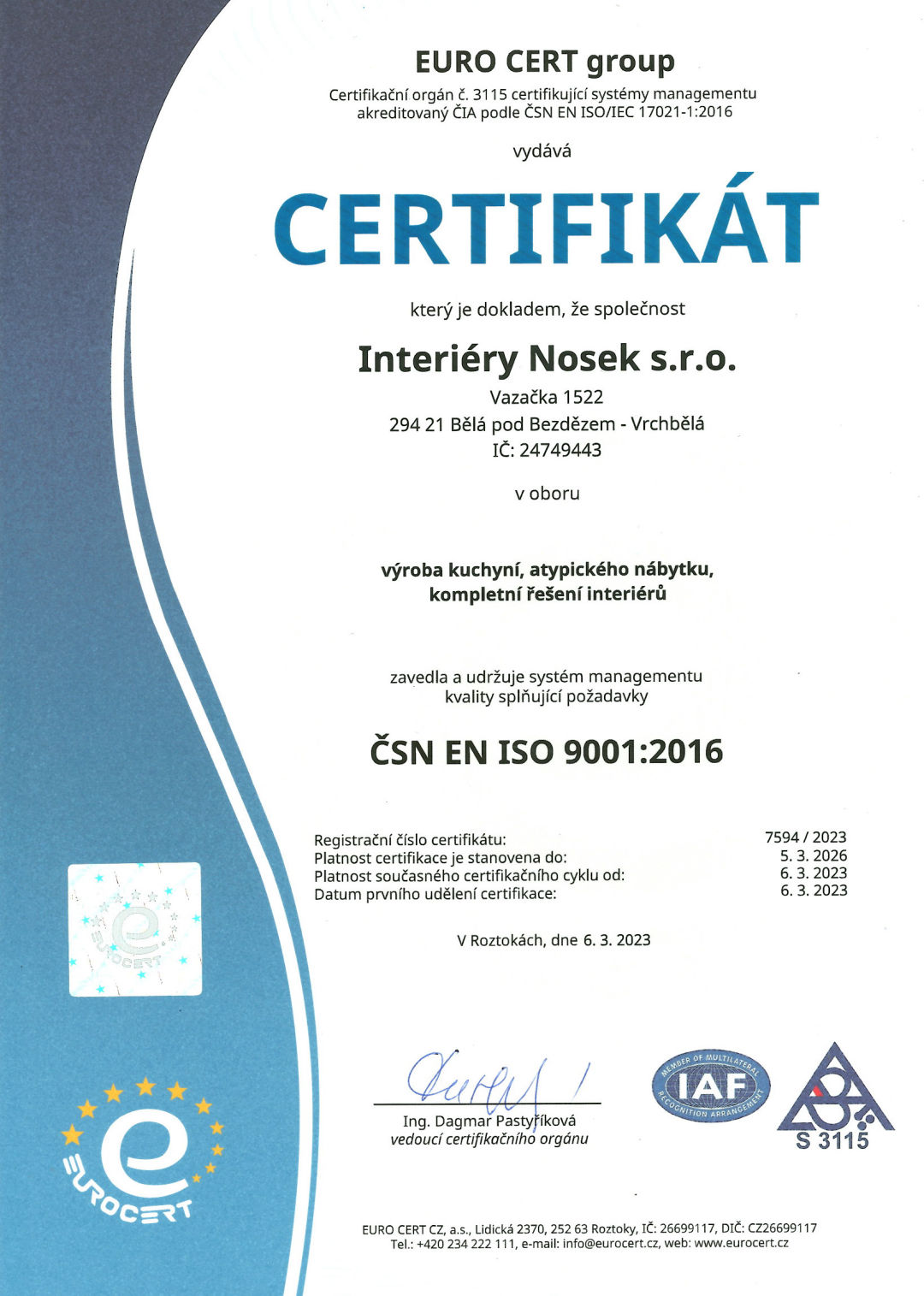 Certifikát ISO 9001 Interiéry Nosek s.r.o.